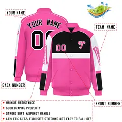 Black Pink Raglan Sleeves Varsity Letterman Jacket 2