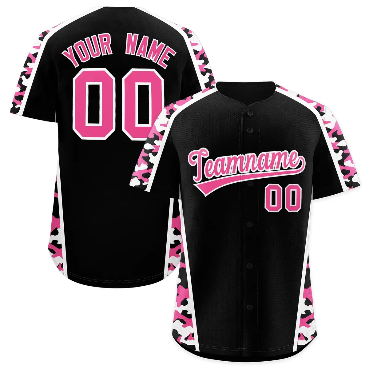Black Pink Side Camo Baseball Jersey