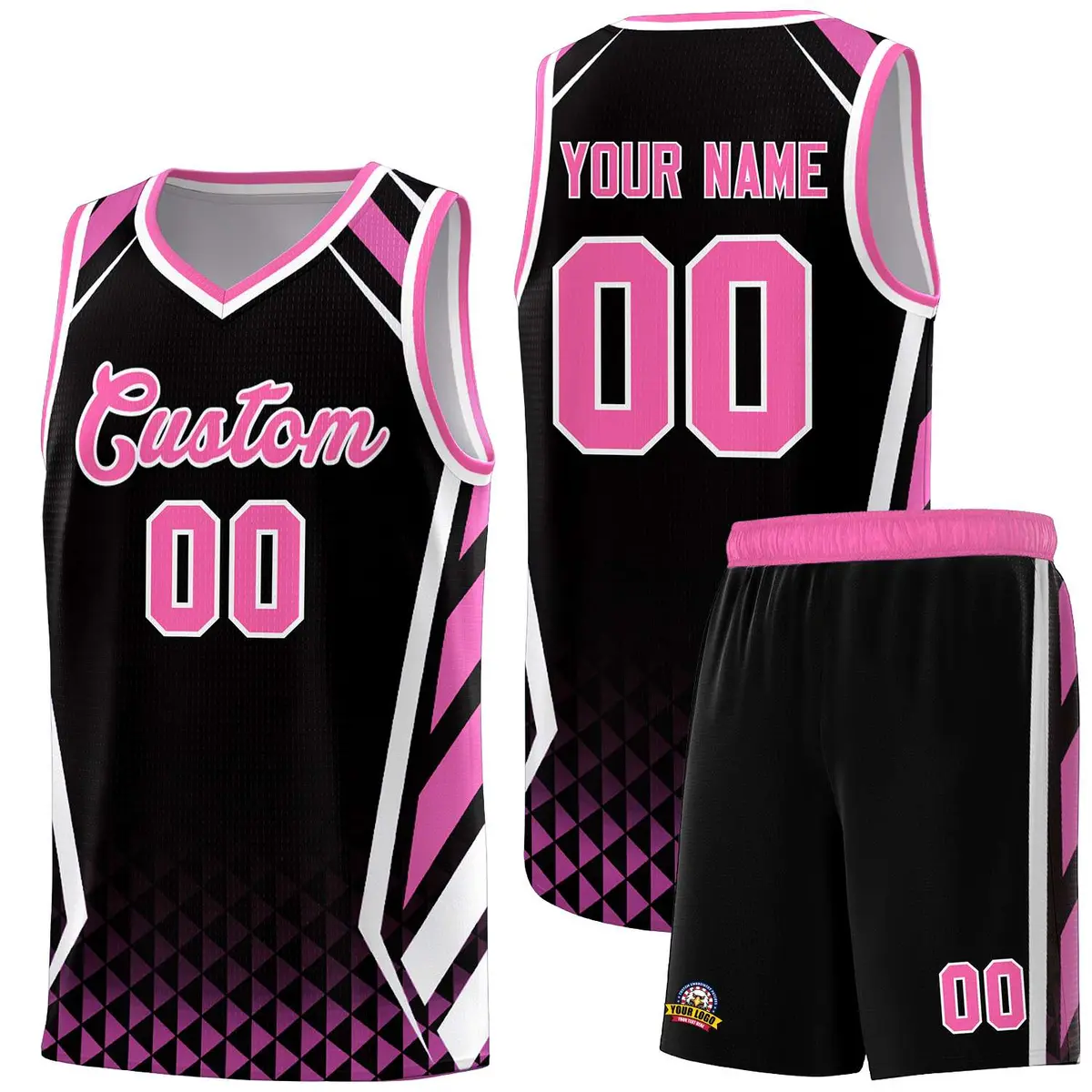 Black Pink Side Slash Diamond Pattern Basketball Jersey
