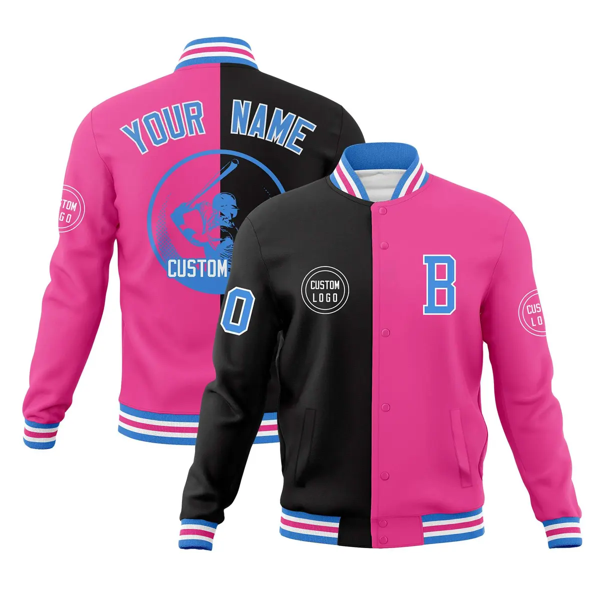 Black Pink Split Letterman Full-Snap Varsity Baseball Jacket