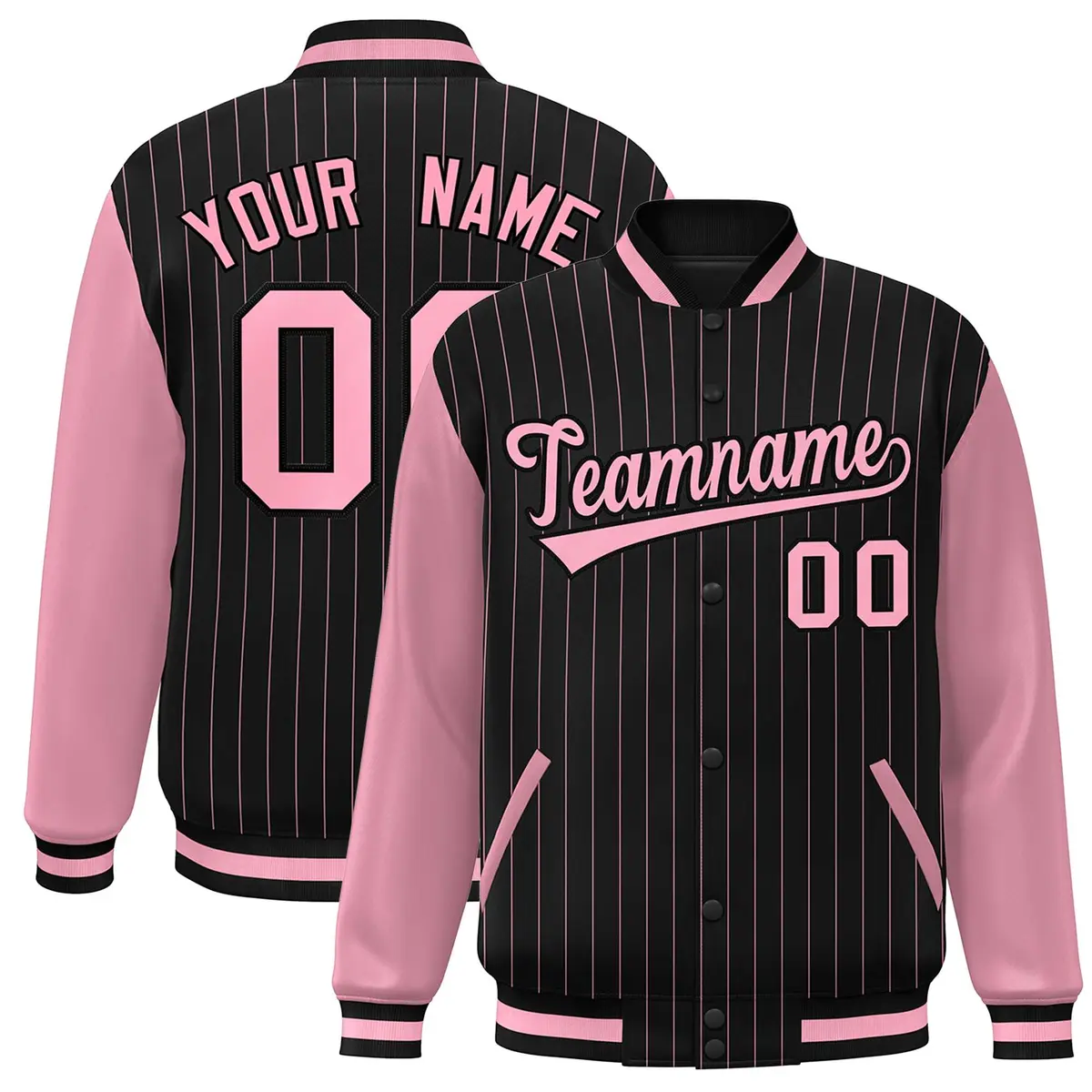Black Pink Stripe Varsity Bomber Jacket with Raglan Sleeves