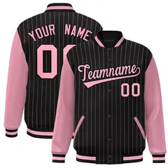 Black Pink Stripe Varsity Bomber Jacket with Raglan Sleeves