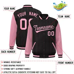 Black Pink Stripe Varsity Bomber Jacket with Raglan Sleeves 2
