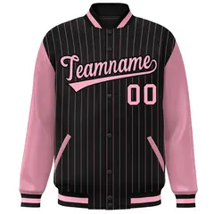 Black Pink Stripe Varsity Bomber Jacket with Raglan Sleeves 3