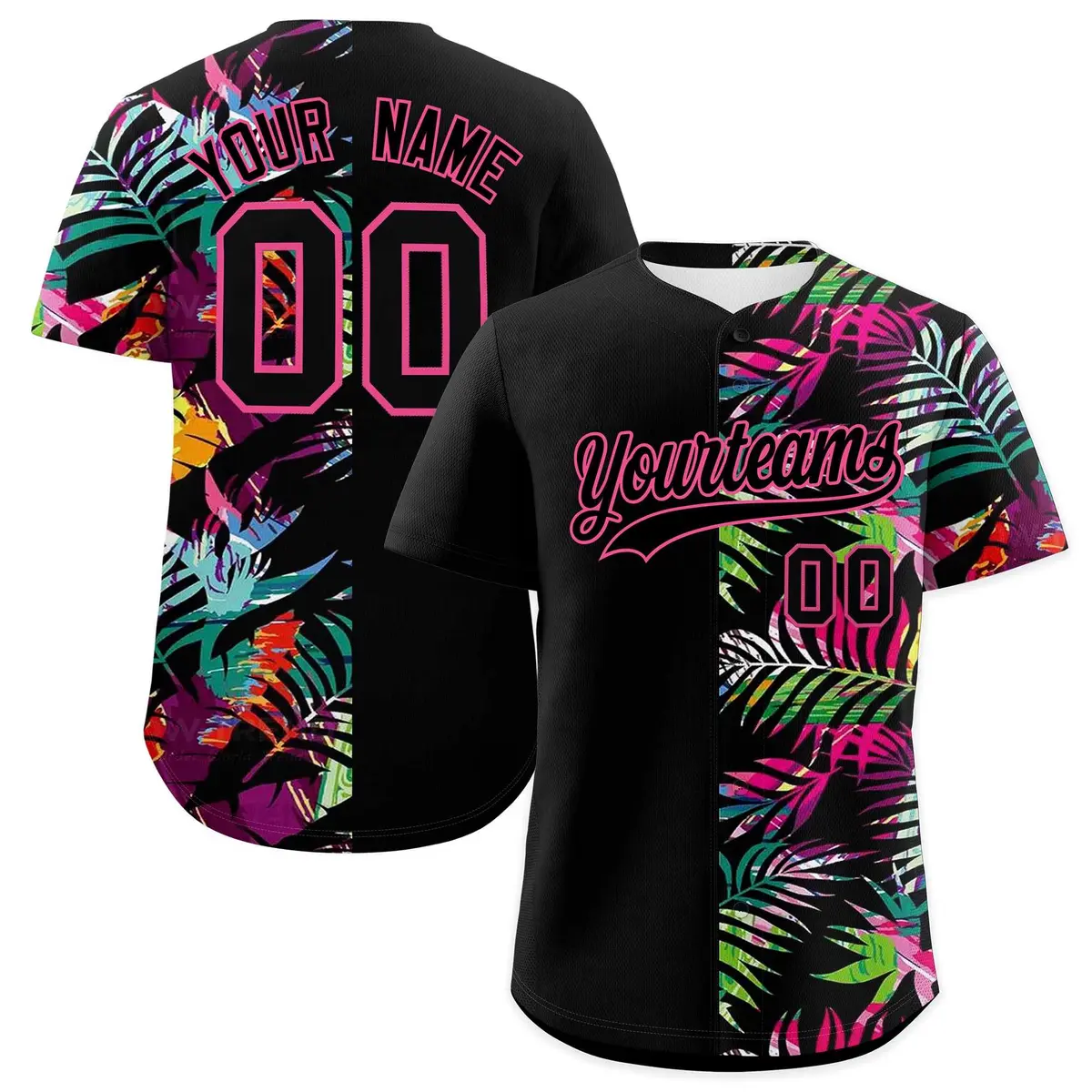 Black Pink Tropical Palm Leaves Authentic Baseball Jersey
