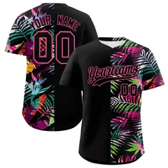 Black Pink Tropical Palm Leaves Authentic Baseball Jersey 1