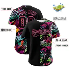 Black Pink Tropical Palm Leaves Authentic Baseball Jersey 2