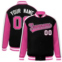 Black Pink-White Color Block Varsity Full-Snap Baseball Jacket