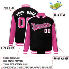 Black Pink-White Color Block Varsity Full-Snap Baseball Jacket 2