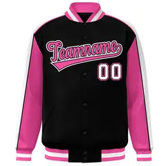 Black Pink-White Color Block Varsity Full-Snap Baseball Jacket 3