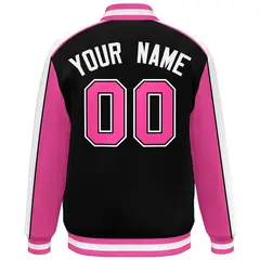 Black Pink-White Color Block Varsity Full-Snap Baseball Jacket 4
