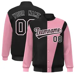 Black Pink-White Color Block Varsity Full-Snap Bomber Jacket