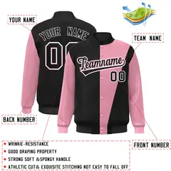 Black Pink-White Color Block Varsity Full-Snap Bomber Jacket 2