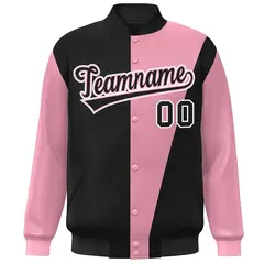Black Pink-White Color Block Varsity Full-Snap Bomber Jacket 3