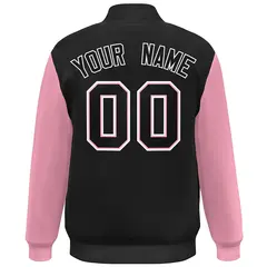 Black Pink-White Color Block Varsity Full-Snap Bomber Jacket 4