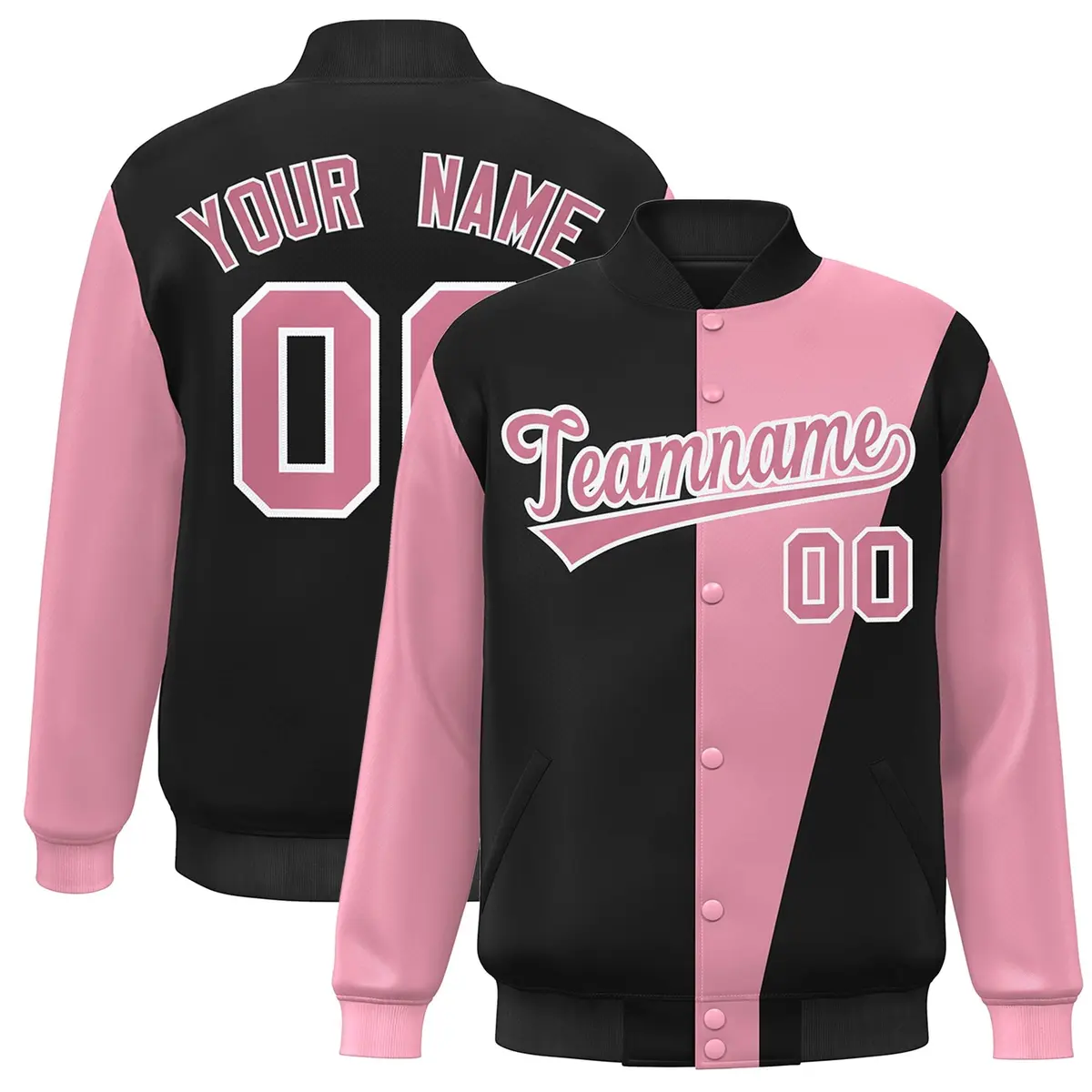Black Pink-White Color Block Varsity Full-Snap Bomber Jacket