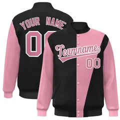 Black Pink-White Color Block Varsity Full-Snap Bomber Jacket