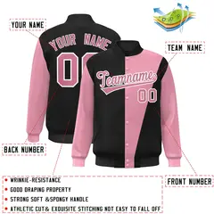 Black Pink-White Color Block Varsity Full-Snap Bomber Jacket 2