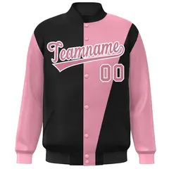 Black Pink-White Color Block Varsity Full-Snap Bomber Jacket 3