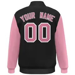 Black Pink-White Color Block Varsity Full-Snap Bomber Jacket 4