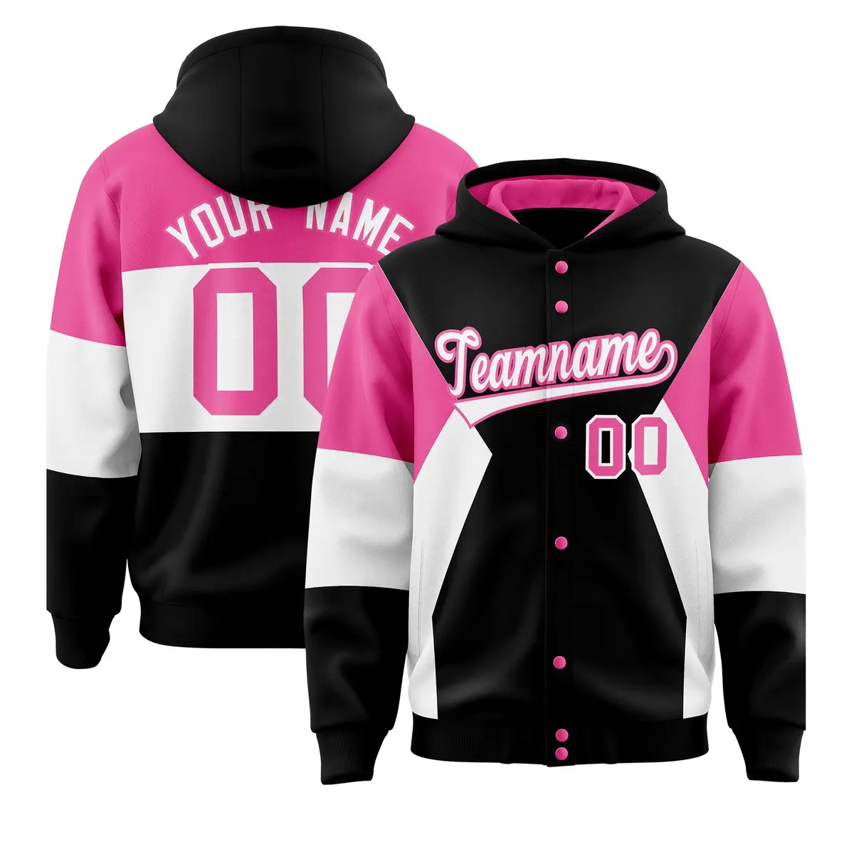 Black Pink-White Color Block Varsity Full-Snap Letterman Jacket Hoodie