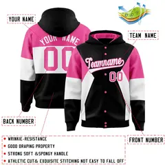 Black Pink-White Color Block Varsity Full-Snap Letterman Jacket Hoodie 4