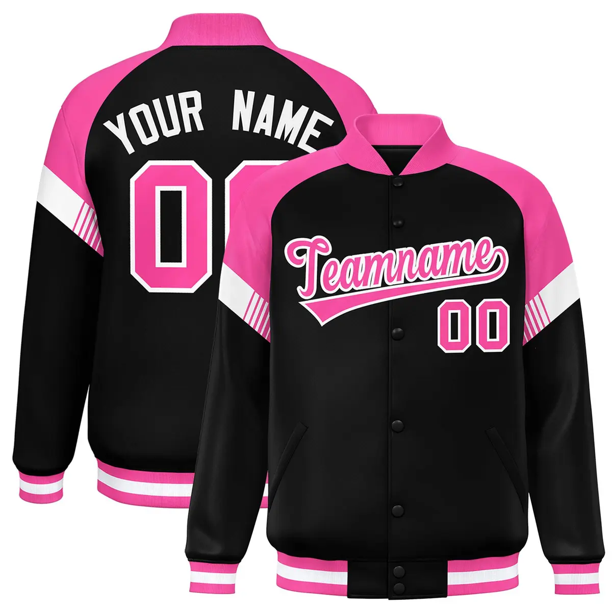 Black Pink-White Color Block Varsity Full-Snap Letterman Jacket
