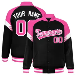 Black Pink-White Color Block Varsity Full-Snap Letterman Jacket