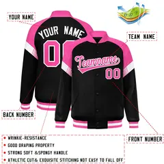 Black Pink-White Color Block Varsity Full-Snap Letterman Jacket 2