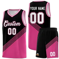 Black Pink White Diagonal Stripes Color Block Basketball Jersey 1