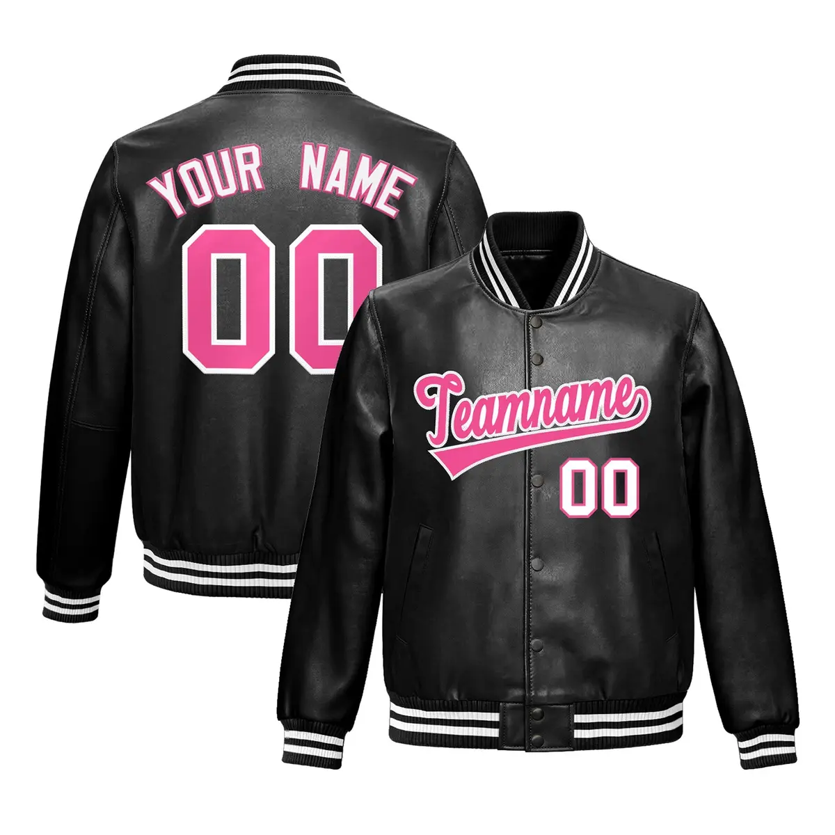 Black Pink White Full-Snap Faux Leather Varsity Letterman Jacket
