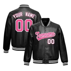 Black Pink White Full-Snap Faux Leather Varsity Letterman Jacket 1