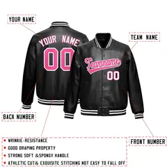 Black Pink White Full-Snap Faux Leather Varsity Letterman Jacket 2