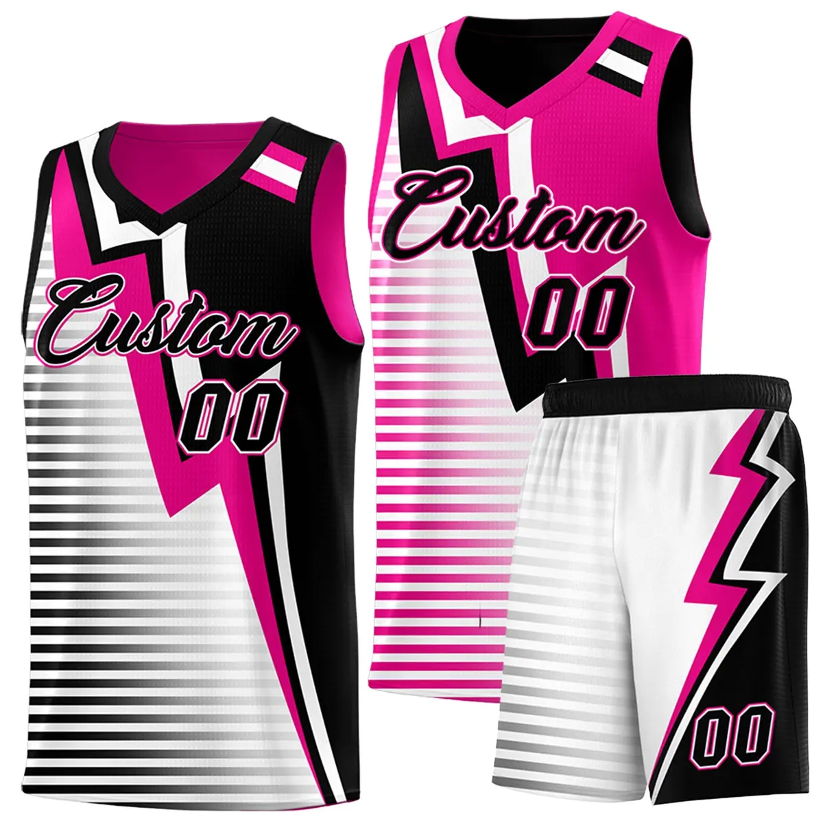 Black Pink White Gradient Lightning Stripe Reversible Basketball Jersey Sets