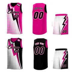 Black Pink White Gradient Lightning Stripe Reversible Basketball Jersey Sets 2