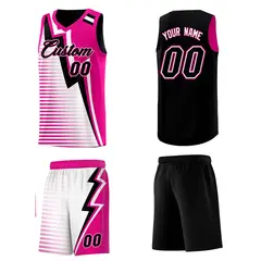 Black Pink White Gradient Lightning Stripe Reversible Basketball Jersey Sets 5