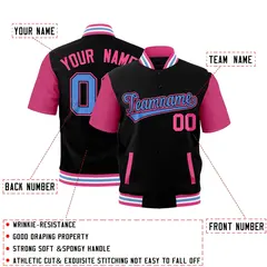 Black Pink White Powder Blue Full-Snap Short Sleeve Varsity Jacket 2
