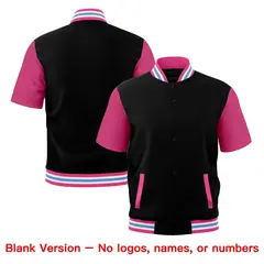 Black Pink White Powder Blue Full-Snap Short Sleeve Varsity Jacket 7