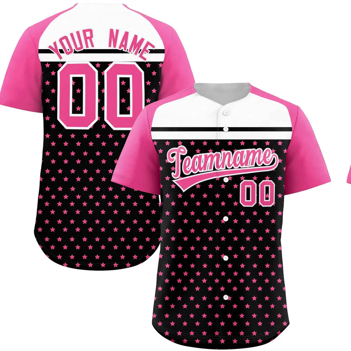 Black Pink-White Raglan Sleeve Star Print Baseball Jersey