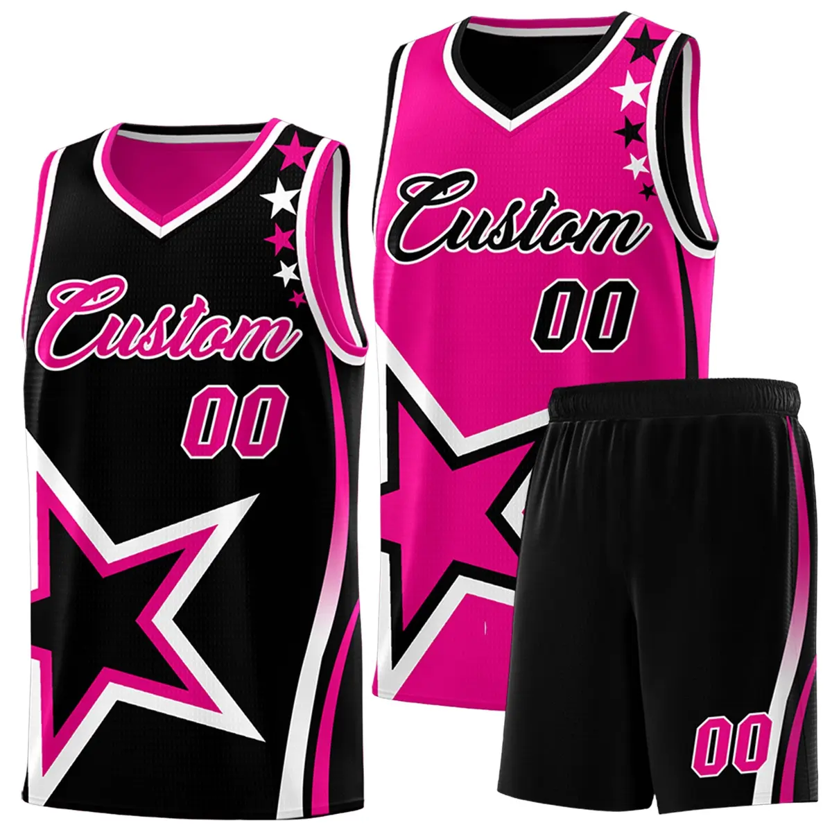 Black Pink White Star Series Reversible Basketball Jersey