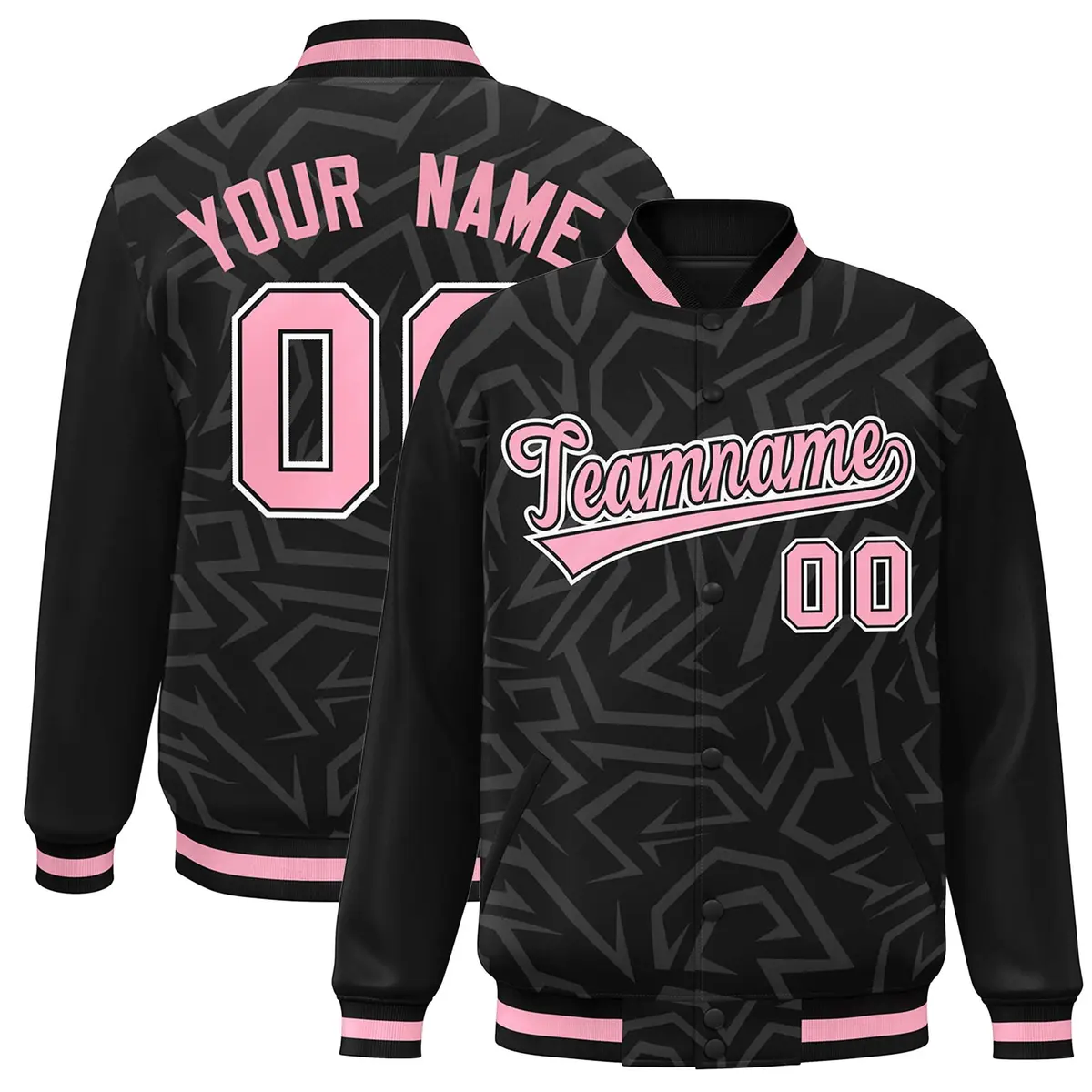 Black Pink-White Stripe Graffiti Pattern Varsity Full-Snap Jacket
