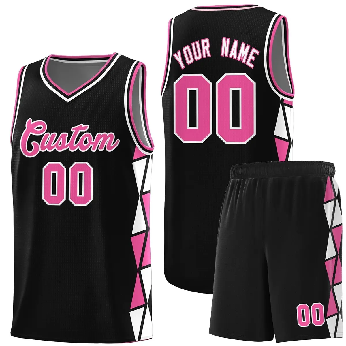 Black Pink-White Triangle Splicing Sports Basketball Jersey