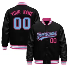 Black Pink White Varsity Jacket with Faux Leather Sleeves 1