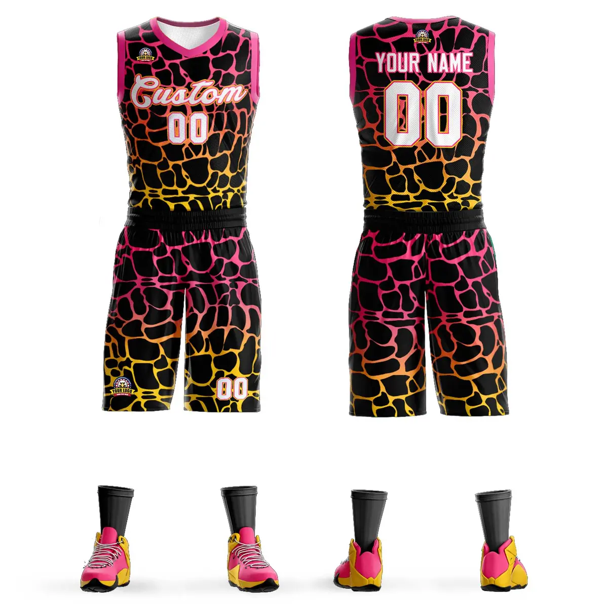 Black Pink-Yellow Spotted Graffiti Basketball Jersey