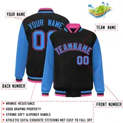 Black Powder Blue-Black Raglan Varsity Full-Snap Letterman Jacket 2