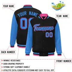 Black Powder Blue-Black Raglan Varsity Full-Snap Letterman Jacket 2