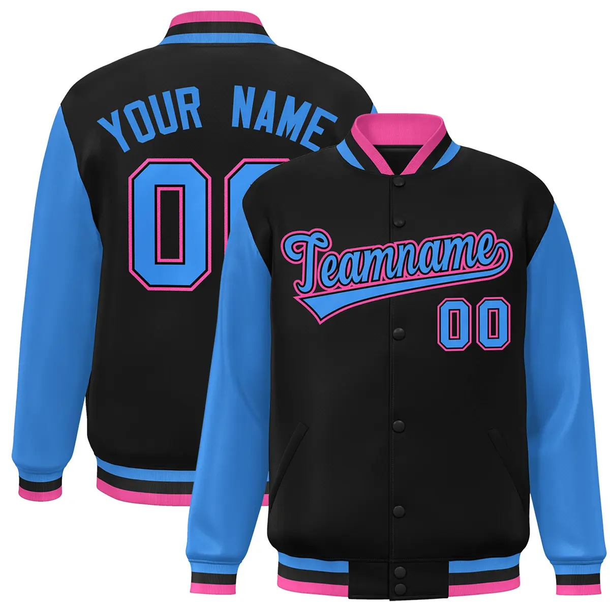 Black Powder Blue-Black Raglan Varsity Full-Snap Letterman Jacket