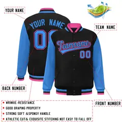 Black Powder Blue-Black Raglan Varsity Full-Snap Letterman Jacket 2