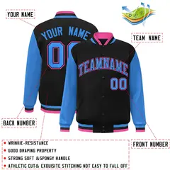 Black Powder Blue-Black Raglan Varsity Full-Snap Letterman Jacket 2