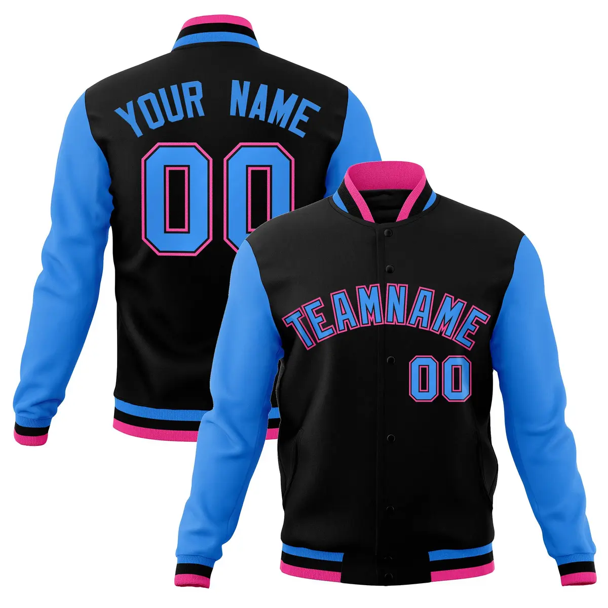 Black Powder Blue-Black Raglan Varsity Full-Snap Letterman Jacket